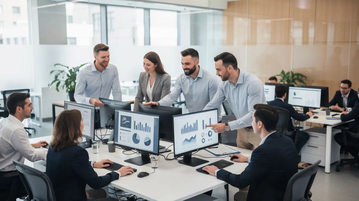 A group of professionals in a modern office setting discussing strategies for managing apprenticeship programs with apprenticeship case management software