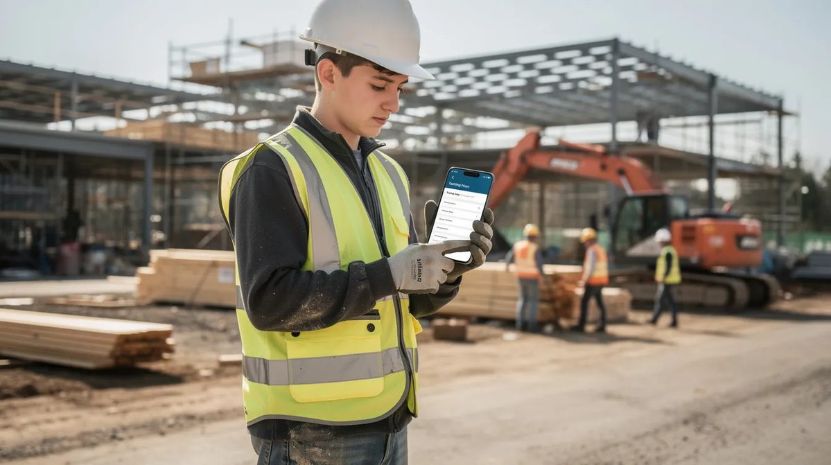 Construction apprentice using a smartphone to log their on-the-job training hours on a job site.