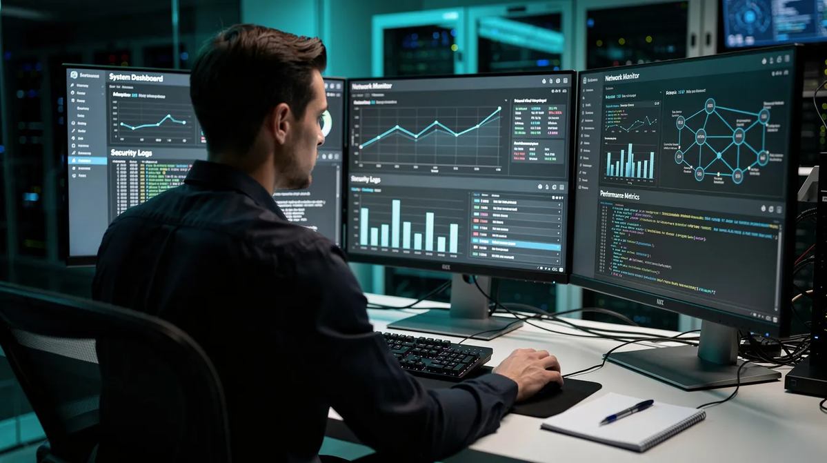 An administrator seated in front of multiple computer monitors, analyzing employee training program and learner progress data.
