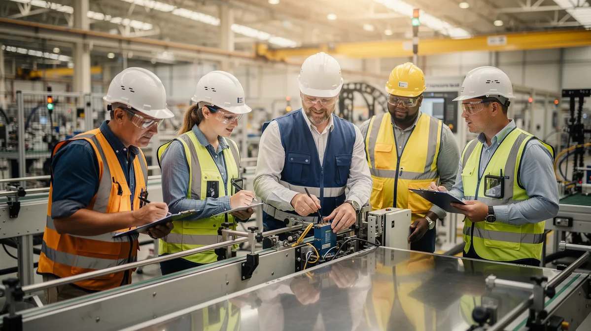 Workers in a manufacturing facility engaged in hands-on training, guided by a mentor.