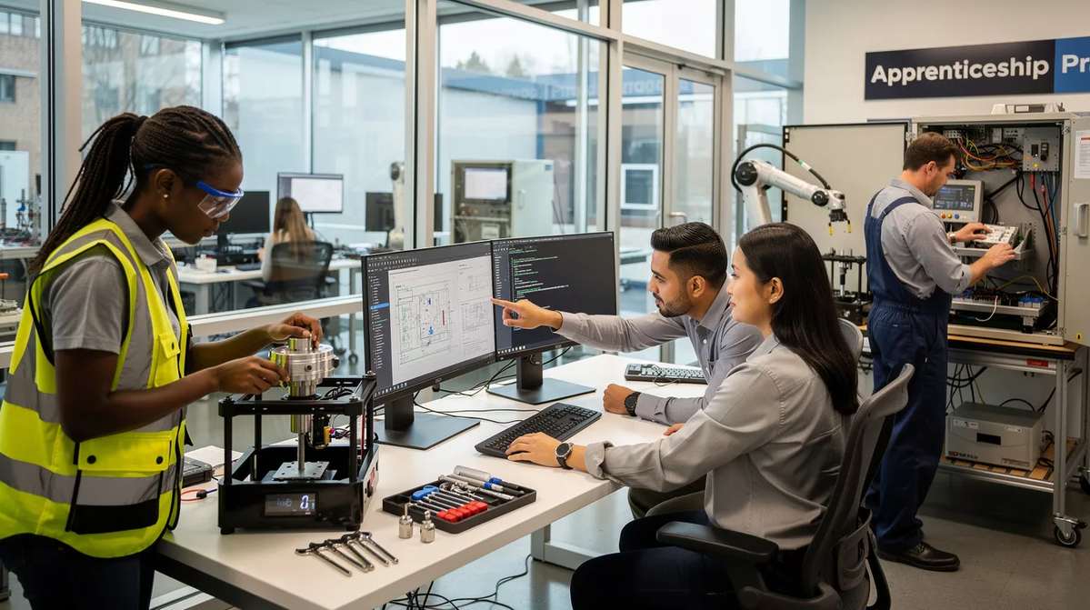 A group of apprentices working hands-on in engineering and digital settings