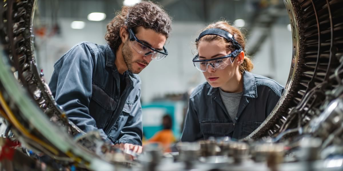 Aviation apprentice and mentor working on electronics project