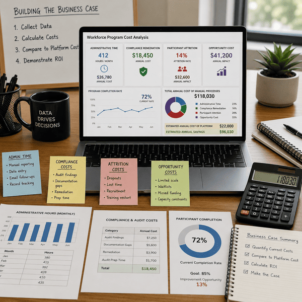 A desk containing a laptop and paperwork pertaining to business case analysis.