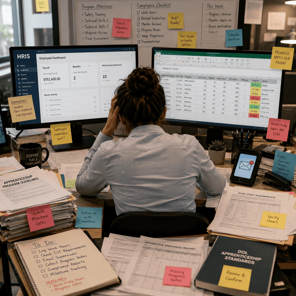 A busy HR professional trying to manage apprenticeships with basic HR software and spreadsheets