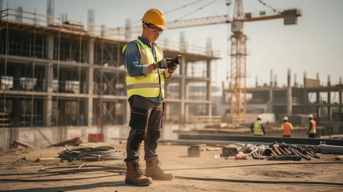 An apprentice on a construction site wearing safety gear and using a smartphone to track his training hours through an apprentice hours tracking software program.