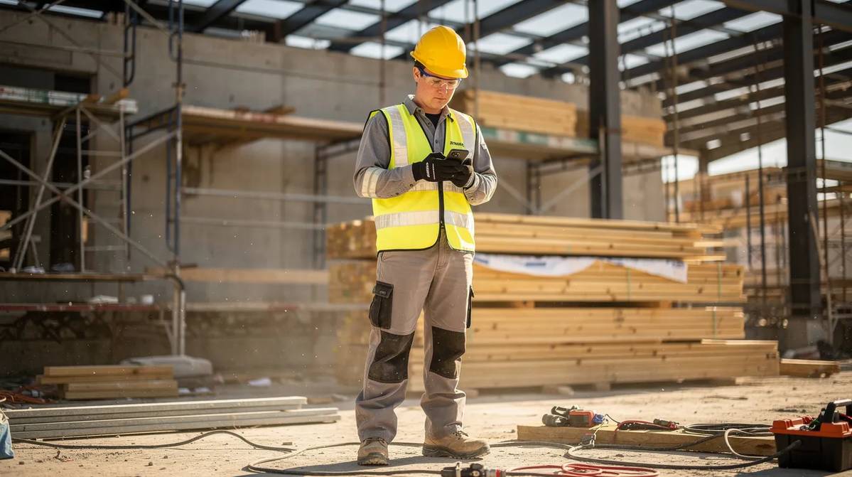 A construction apprentice at a job site using his smartphone to track his hours and log his progress.