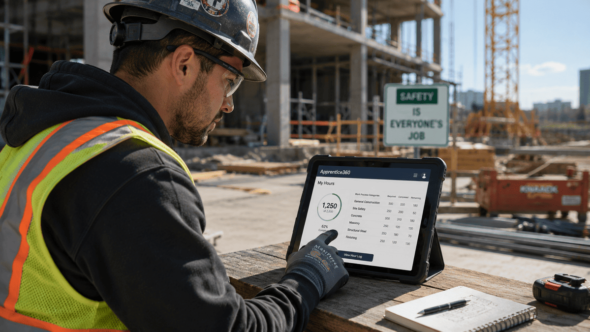 An apprentice at a construction site logging his hours on a tablet device using apprenticeship time tracking software.