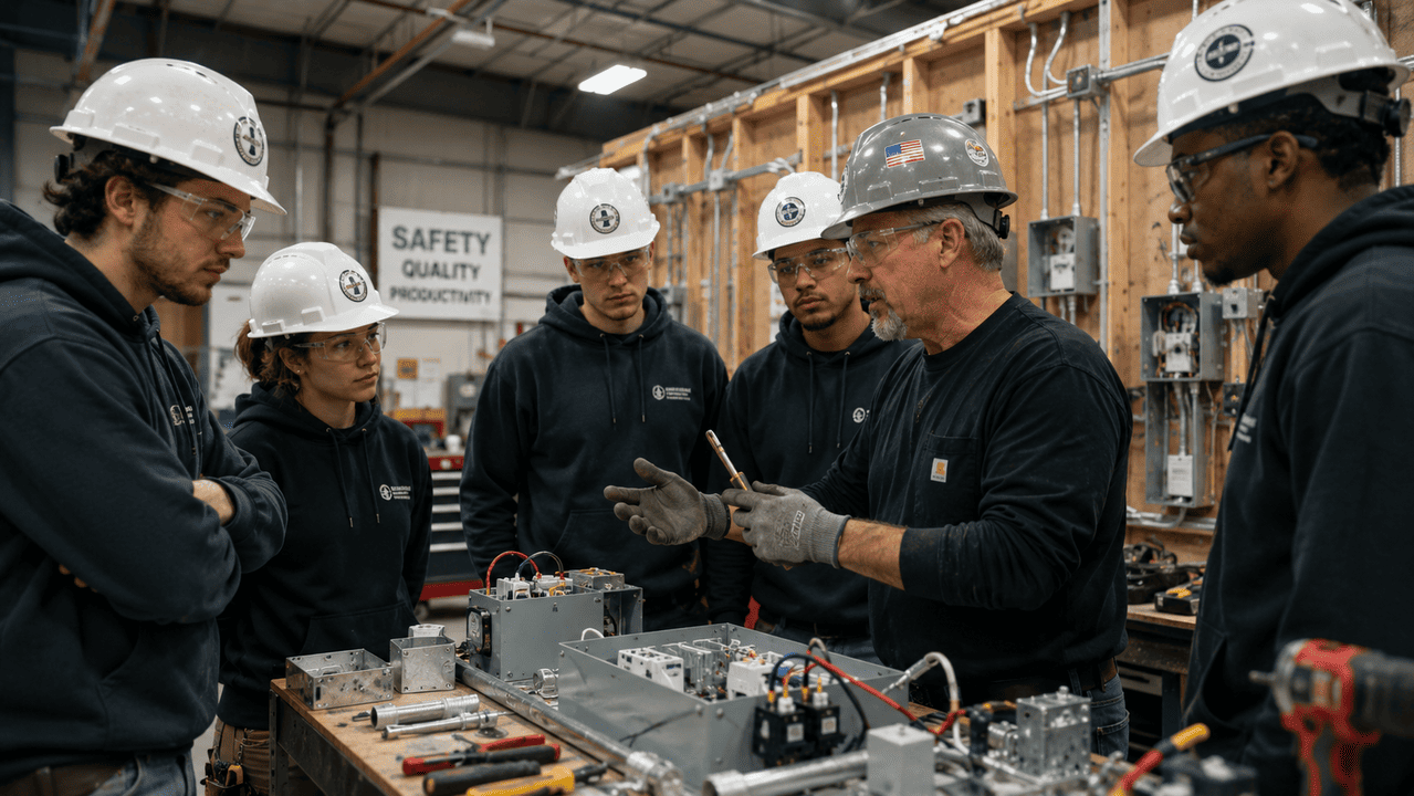 A group of electrical apprentices being instructed by their mentor