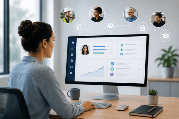 A woman using apprenticeship tracking software