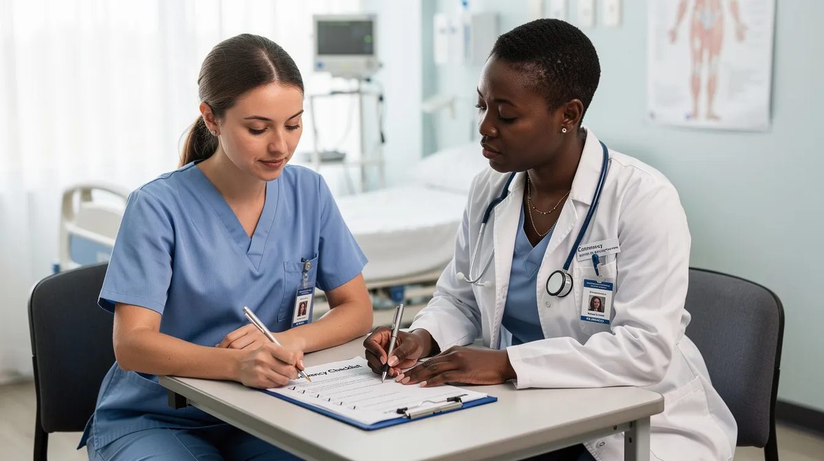 Healthcare apprentice and supervisor engaged in focused discussion over apprentice competency checklist.