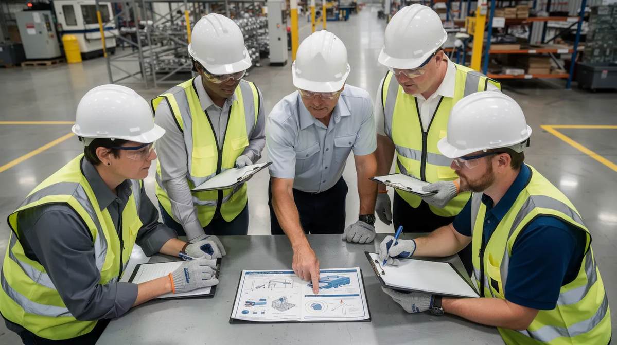 A group of manufacturing workers reviewing training materials in a factory.