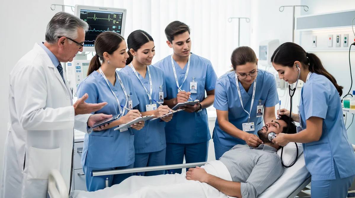 Students engaged in hands-on work alongside healthcare professionals in a real-world setting.