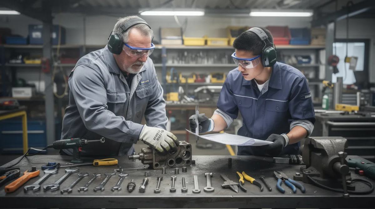 Mentor and apprentice collaborate at industrial workstation