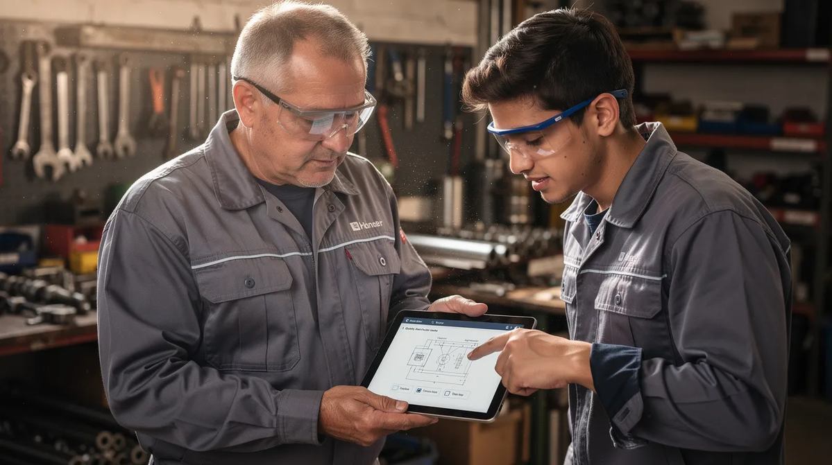 A mentor and apprentice in a workshop, reviewing plans on a tablet device.