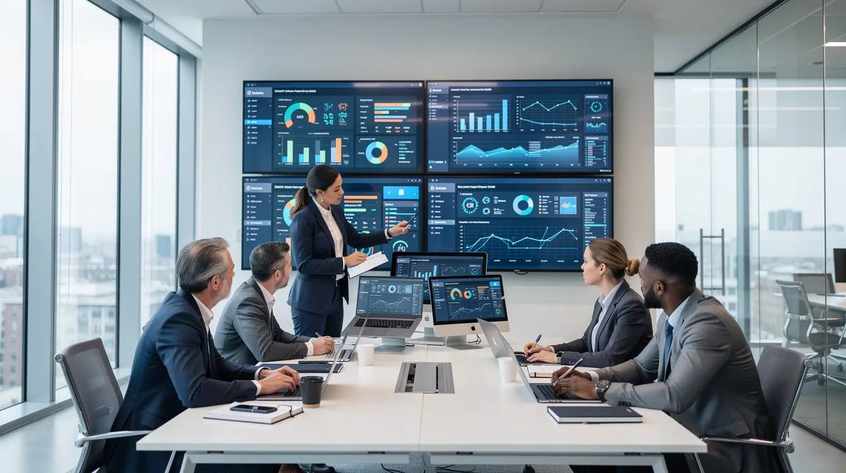 A team gathered in an office reviewing apprenticeship tracking data on multiple screens.