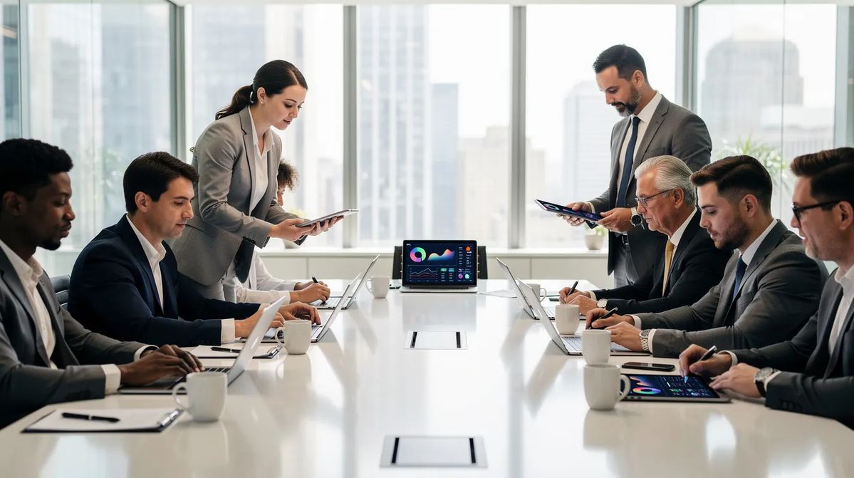 Professionals reviewing data on tablets and laptops in modern boardroom setting