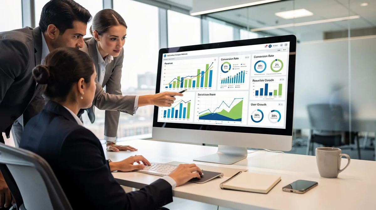A group of professionals reviewing an analytics dashboard on a computer screen.