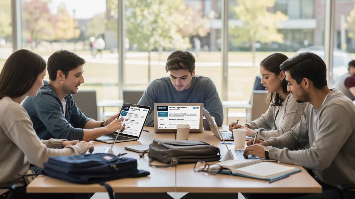 A group of students browsing internship opportunities on their computers, using a work based learning management platform