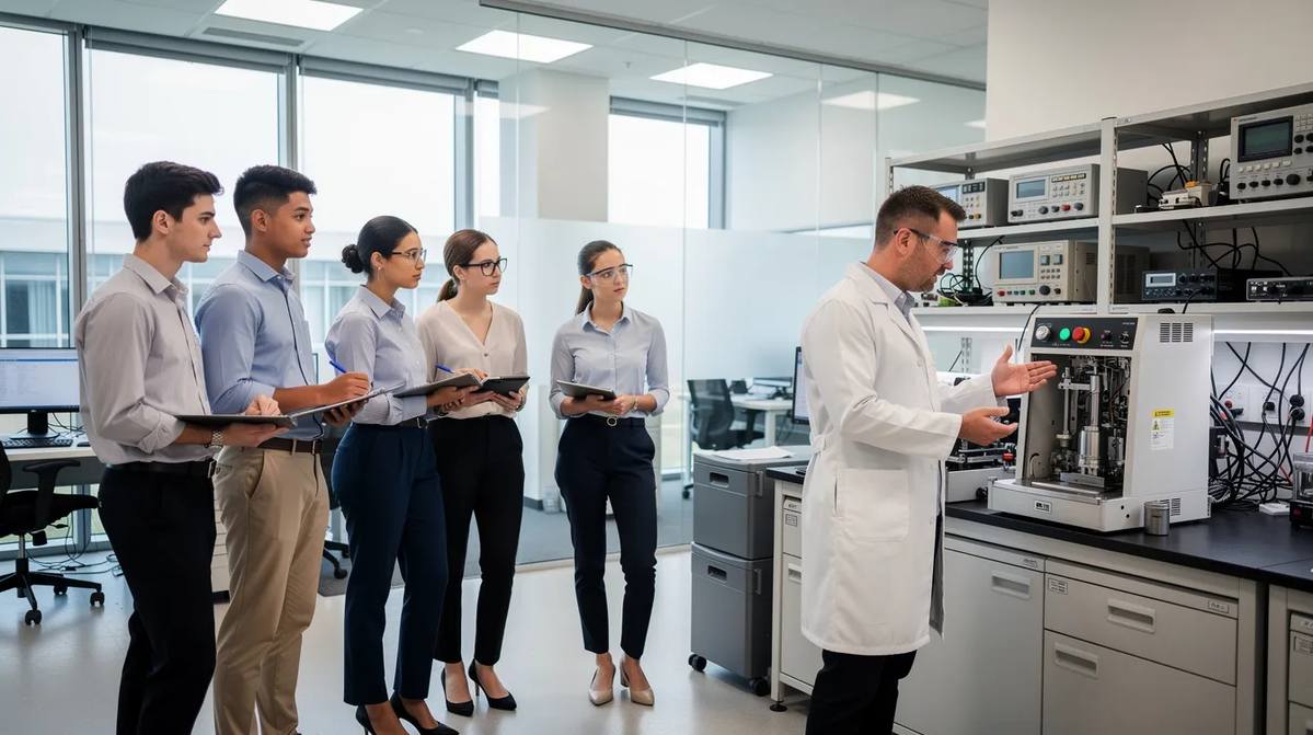 A group of students in a professional workplace setting, attentively observing various pieces of equipment as part of their work based learning experience.