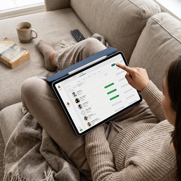 A woman using the GoSprout app on a tablet device to manage multiple apprentices from home.