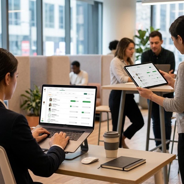 People in a coffee shop setting using GoSprout's paperless apprenticeship management system to view synchronized apprenticeship records