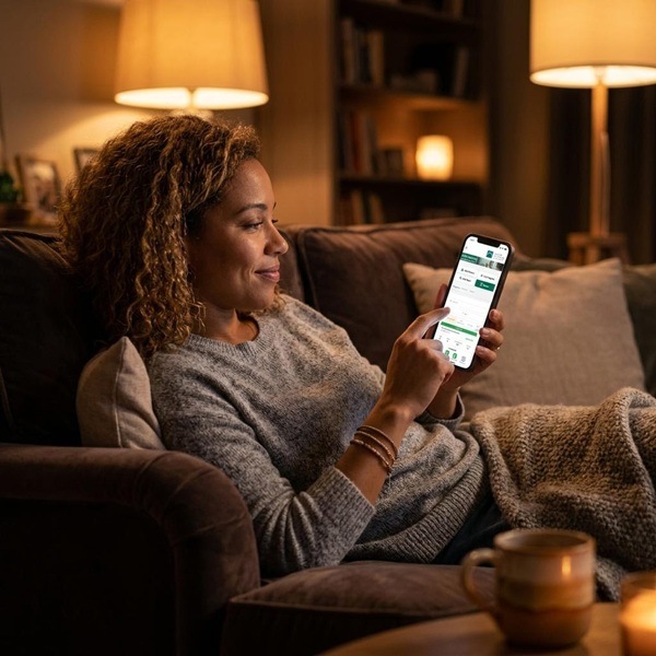 A woman using the GoSprout app on her phone while sitting on a comfortable couch at home.
