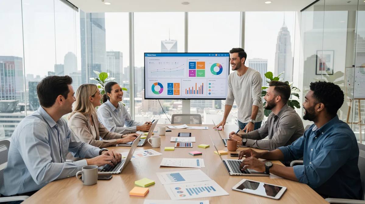 A team of professionals in a modern office meeting room, discussing ideas and strategies for successful apprenticeship programs.
