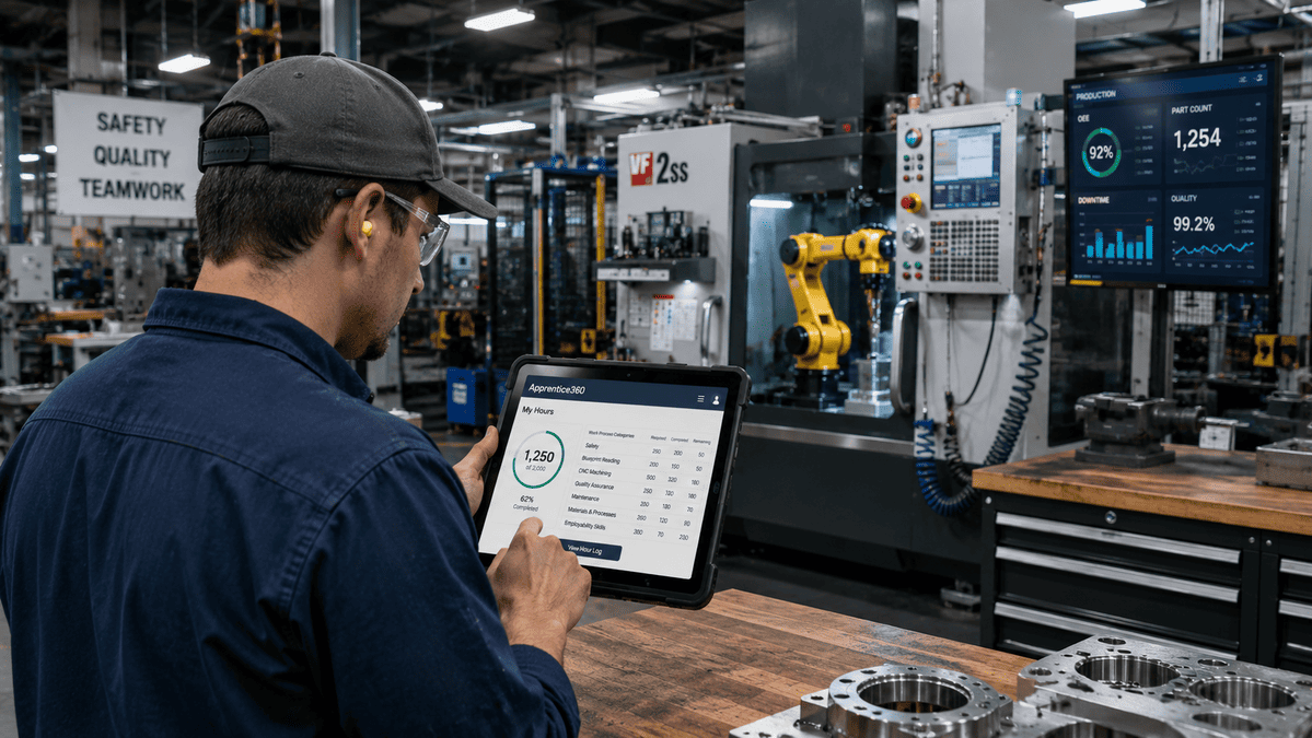 An apprentice in an advanced manufacturing workshop logging his hours using apprentice tracking software on a tablet device.