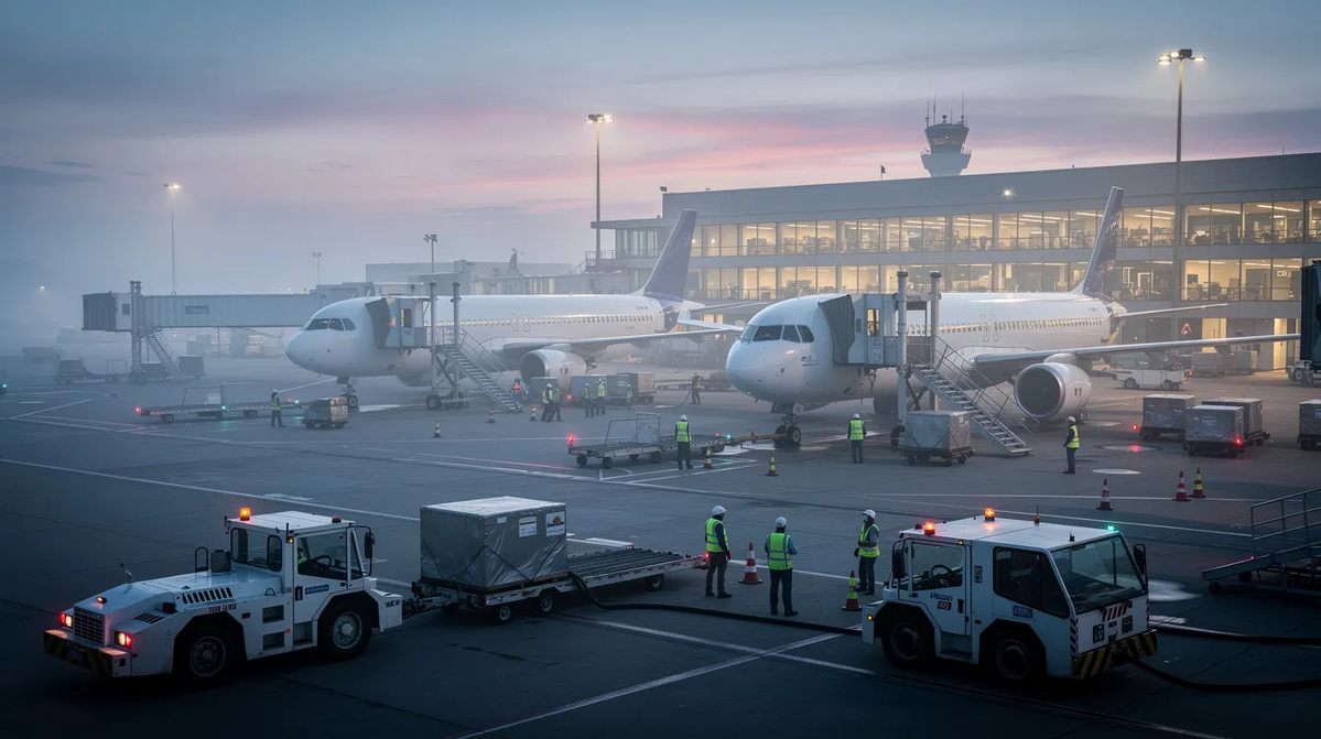 At dawn, airport ramp teams are busy servicing aircraft, ensuring efficient ground operations with a focus on resource allocation and crew scheduling. This scene highlights the crucial role of workforce management in the aviation industry, as ground staff prepare for the day's flight schedules and passenger services.