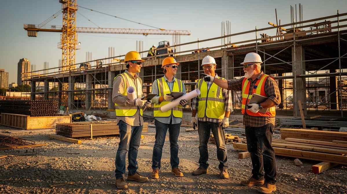 The image shows apprentices and supervisors collaborating at a construction site, reviewing work and discussing the apprentice's journey. This interaction highlights the importance of apprenticeship management and compliance, ensuring training providers effectively track progress and meet apprenticeship standards.