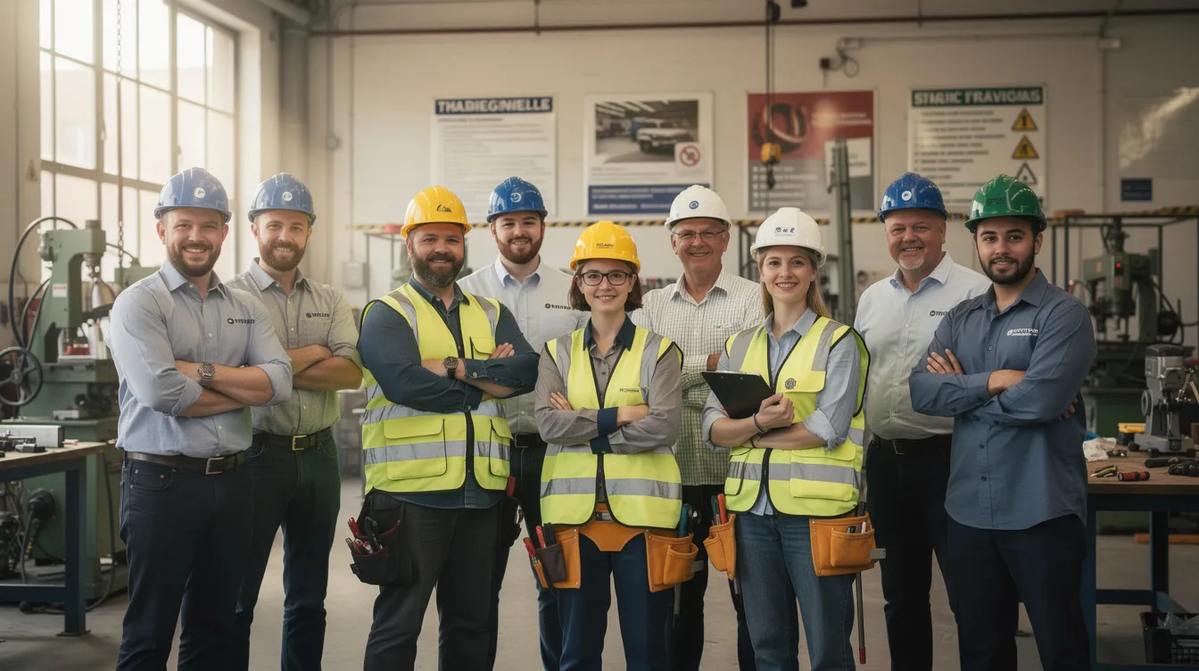 A diverse group of apprentices and their supervisors stand together at a training facility, showcasing a dynamic learning environment that supports skill development through an apprenticeship program. This gathering highlights the collaborative effort in fostering apprentice progress and ensuring compliance with competency-based training standards.