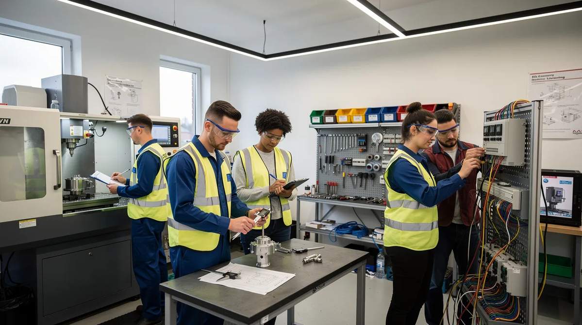 A group of apprentices in a modern training workshop, surrounded by various industrial equipment.