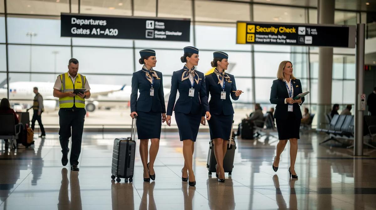 The image depicts cabin crew members and airport staff walking through a busy terminal, engaged in their daily operations within the aviation industry. This scene highlights the importance of effective workforce management and crew scheduling to ensure smooth flight operations and passenger services.