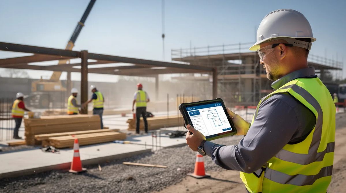A supervisor is using a tablet to monitor and manage the progress of workers on a job site, emphasizing the importance of apprenticeship compliance and efficient tracking of their apprenticeship programs. The scene highlights the integration of mobile access to enhance oversight and support the apprentices' journey.