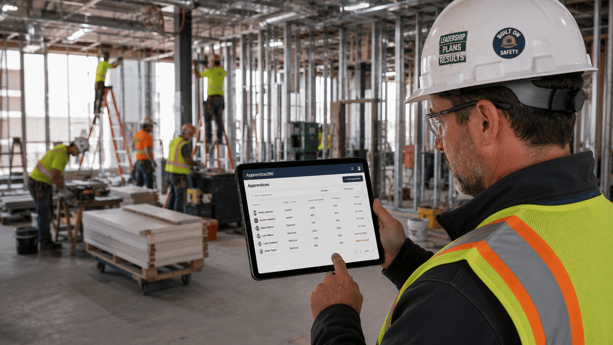 A construction mentor tracking the hours of multiple apprentices using apprenticeship management software.