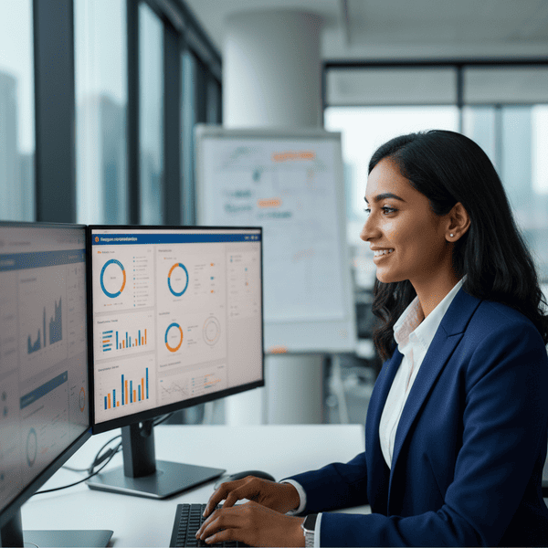 A woman at a desk viewing a detailed data dashboard featuring various charts and progress indicators related to apprenticeship training programs.