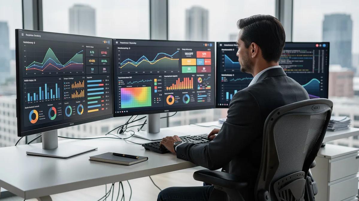 A professional at a desk with multiple dashboard screens displaying data from apprenticeship software for sponsors.