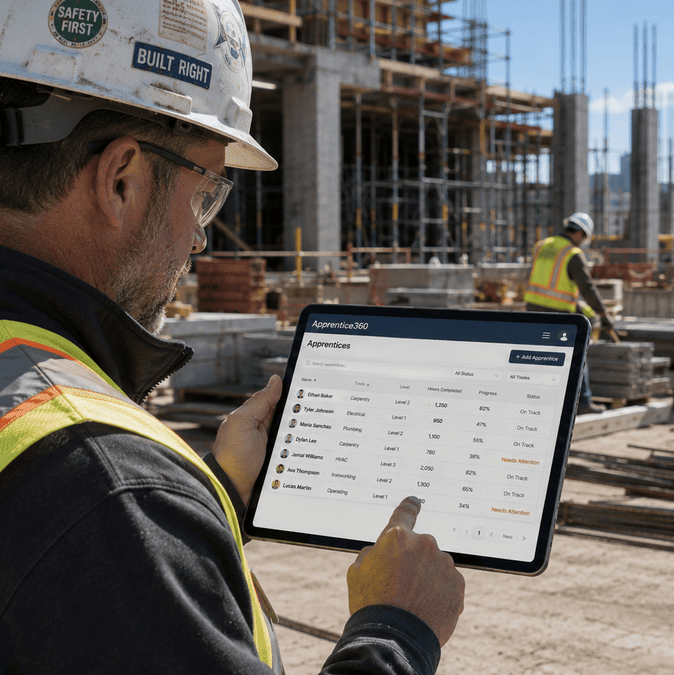 A mentor using intern management software on a tablet device to manage interns at a construction site.