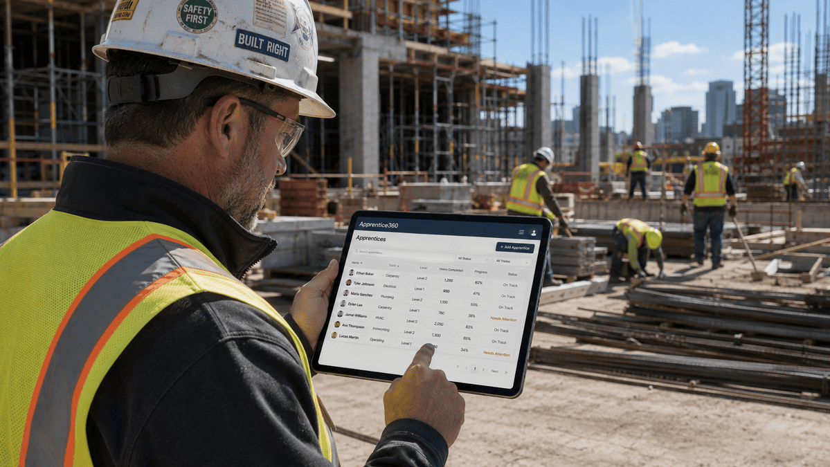 A mentor using apprenticeship software for employers on a tablet device to track his apprentices at a construction site.