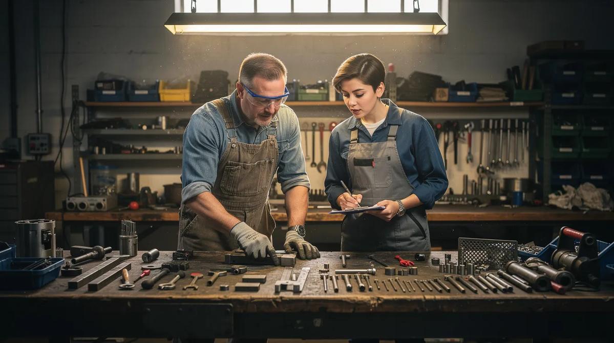 A mentor and apprentice are engaged in a focused discussion while reviewing various equipment in a workshop, highlighting the hands-on experience essential for skill development in apprenticeship programs. This interaction emphasizes the importance of on-the-job training and the tracking of apprentice progress to ensure successful outcomes in their technical skills development.