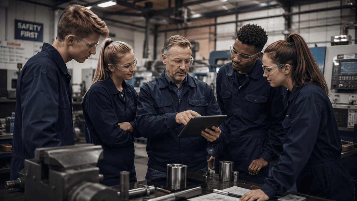 A group of apprentices gathered around their mentor who is showing them how to use registered apprenticeship management software on a tablet device.