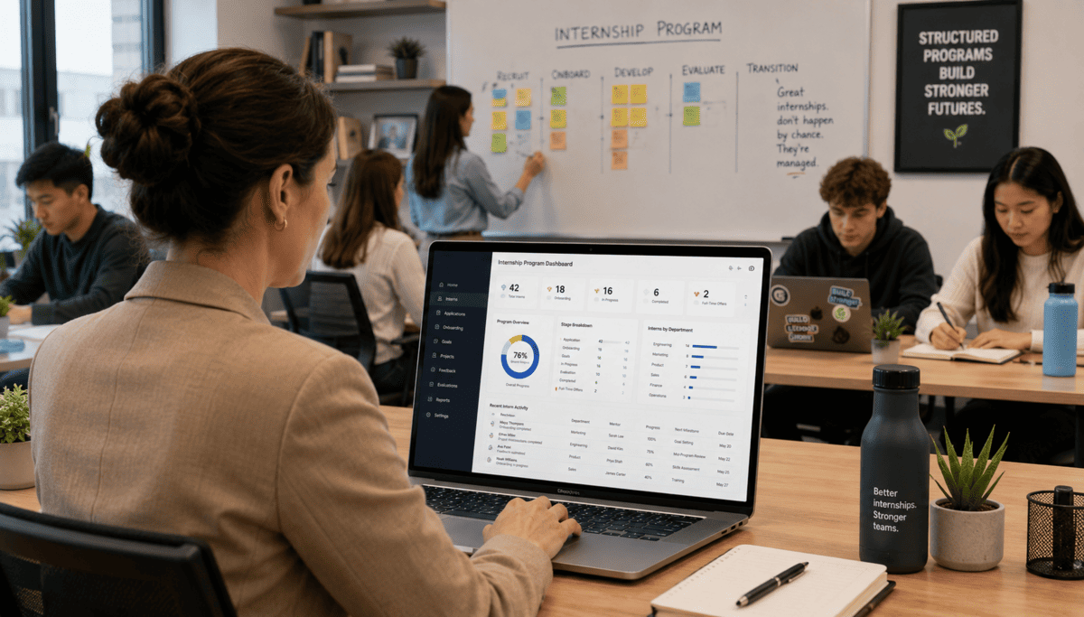 A mentor overseeing her interns in a training room setting while tracking their progress on her intern program dashboard