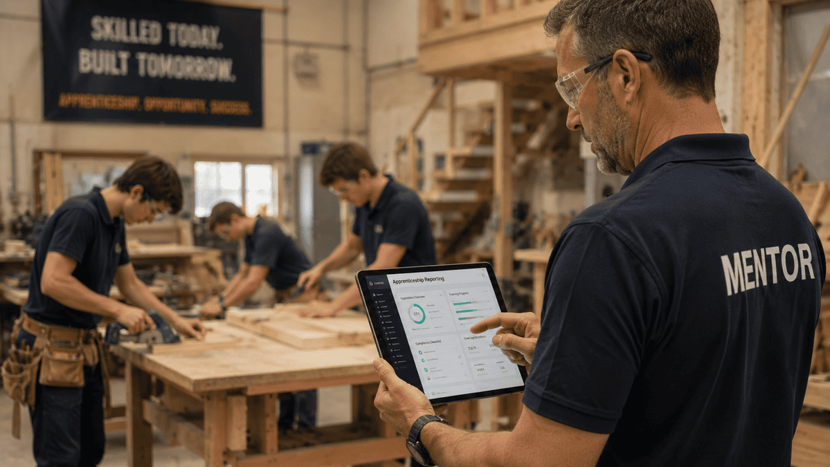 A mentor overseeing his apprentices in a carpentry workshop while using apprenticeship compliance software to stay audit-ready.