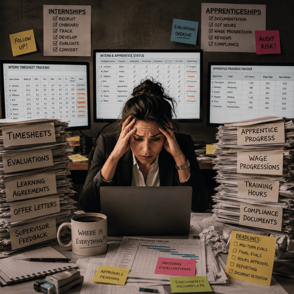 An overwhelmed HR professional in need of apprenticeship program management software.