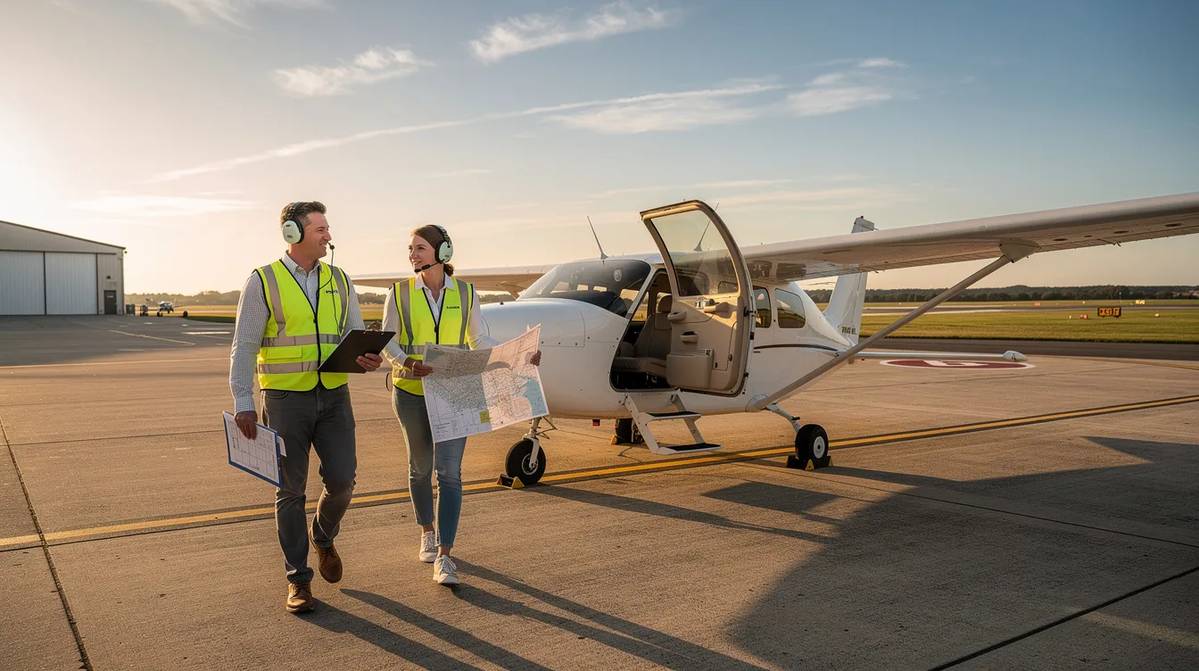 A flight instructor and a student walk side by side on the airport apron, with a small training aircraft parked nearby, symbolizing the hands-on experience provided by aviation training programs. This scene reflects the practical aspect of flight school, where structured training and compliance tracking are essential for effective pilot training.