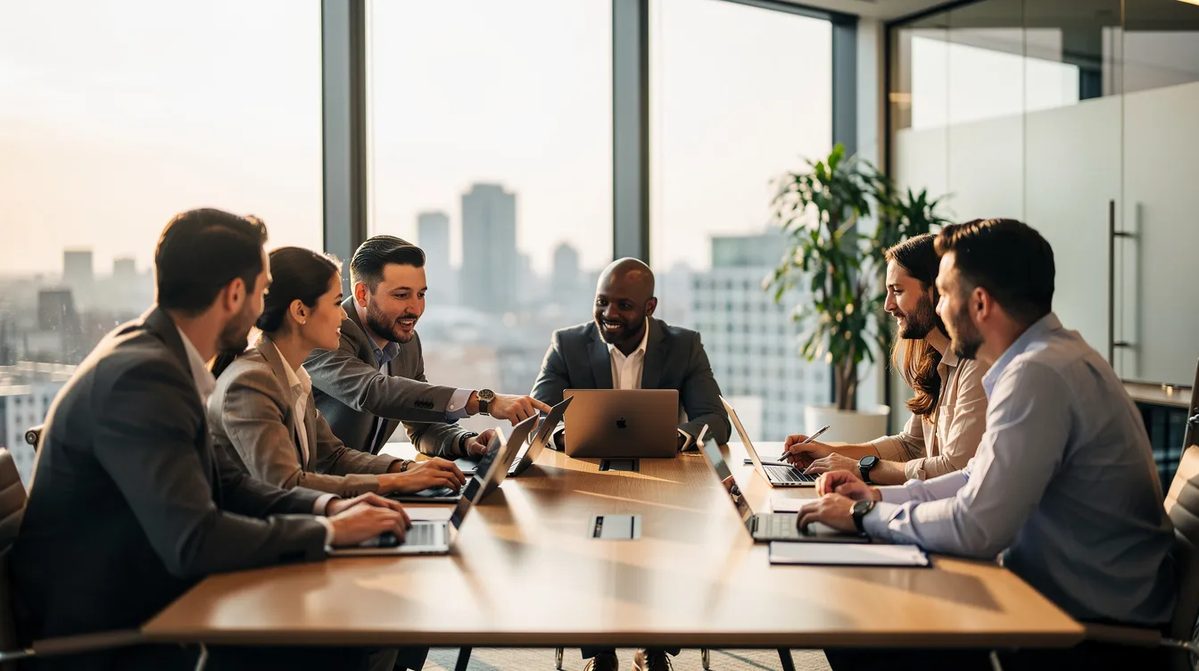 A group of team members is gathered in a modern office, collaborating around laptops to discuss apprenticeship programs and track progress on their projects. The atmosphere is focused, highlighting the importance of compliance and efficiency in managing their apprenticeship management software.