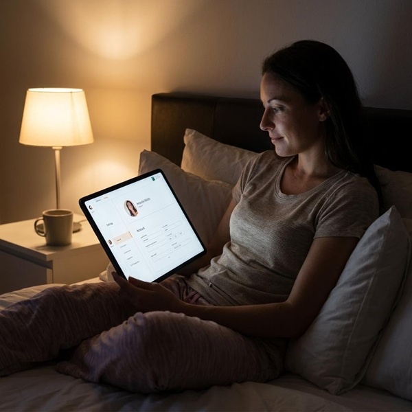 A woman checking her GoSprout app in bed after receiving a real-time alert.