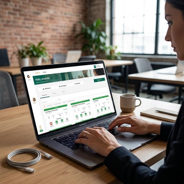 A woman using the GoSprout platform on a laptop in a shared office space.