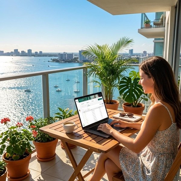 A woman using GoSprout software on her laptop computer on a balcony overlooking the ocean.