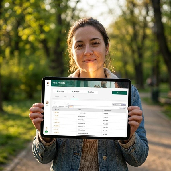 A woman using GoSprout's internship software on a tablet device outdoors.